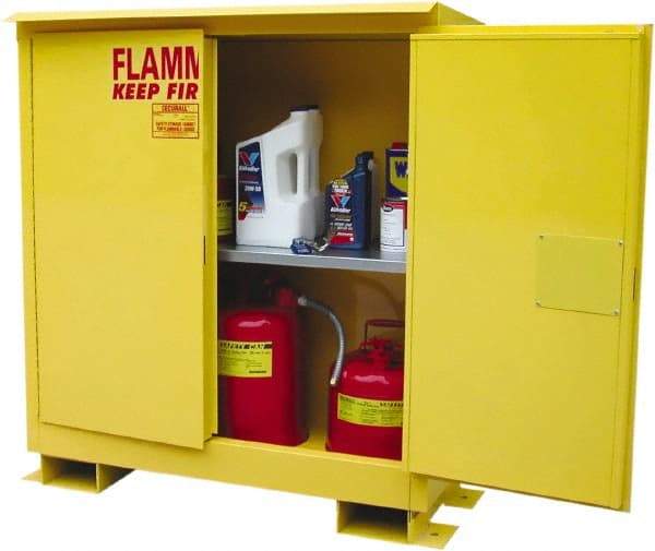 Securall Cabinets - 2 Door, 1 Shelf, Yellow Steel Standard Safety Cabinet for Flammable and Combustible Liquids - 48" High x 43" Wide x 18" Deep, Manual Closing Door, 3 Point Key Lock, 30 Gal Capacity - Americas Industrial Supply