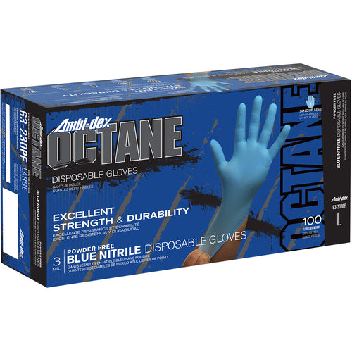 ‎63-230PF/XL Disposable Gloves - Ambi-Dex Octane Disposable Nitrile - 3 Mil Blue - Powder Free - Text Grip - Exact Industrial Supply