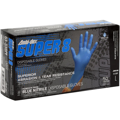 ‎63-338PF/L Disposable Gloves - Ambi-Dex Super 8 Disposable Nitrile 8 mil Blue - Powder Free - Text Grip - Exact Industrial Supply