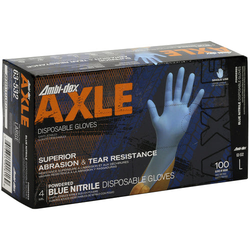 ‎63-532/S Disposable Gloves - Ambi-Dex Axle Disposable Nitrile - 4 mil Blue - Powdered - Textured Grip - Exact Industrial Supply