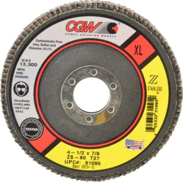 Camel Grinding Wheels - 80 Grit, 4-1/2" Disc Diam, 7/8" Center Hole, Type 27 Zirconia Alumina Flap Disc - 13,300 Max RPM, Polyester Backing, Arbor Attaching System, Coated - Americas Industrial Supply