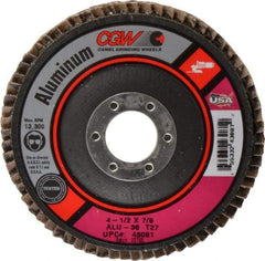 Camel Grinding Wheels - 36 Grit, 4-1/2" Disc Diam, 7/8" Center Hole, Type 27 Aluminum Oxide Flap Disc - 13,300 Max RPM, Polyester Backing, Arbor Attaching System, Coated - Americas Industrial Supply
