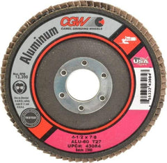 Camel Grinding Wheels - 60 Grit, 4-1/2" Disc Diam, 7/8" Center Hole, Type 27 Aluminum Oxide Flap Disc - 13,300 Max RPM, Polyester Backing, Arbor Attaching System, Coated - Americas Industrial Supply