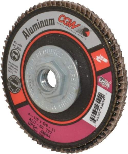 Camel Grinding Wheels - 60 Grit, 4-1/2" Disc Diam, 5/8-11 Center Hole, Type 27 Aluminum Oxide Flap Disc - 13,300 Max RPM, Polyester Backing, Arbor Attaching System, Coated - Americas Industrial Supply