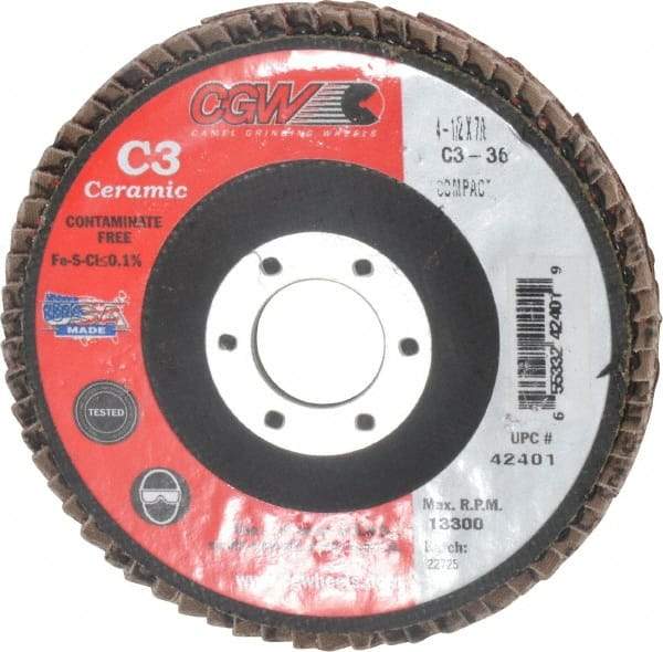 Camel Grinding Wheels - 36 Grit, 4-1/2" Disc Diam, 7/8" Center Hole, Ceramic Flap Disc - 13,300 Max RPM, Polyester Backing, Arbor Attaching System, Coated - Americas Industrial Supply