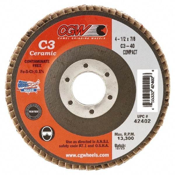 Camel Grinding Wheels - 80 Grit, 5" Disc Diam, 5/8-11 Center Hole, Ceramic Flap Disc - 12,200 Max RPM, Polyester Backing, Arbor Attaching System, Coated - Americas Industrial Supply