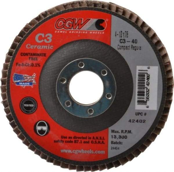 Camel Grinding Wheels - 40 Grit, 4-1/2" Disc Diam, 7/8" Center Hole, Ceramic Flap Disc - 13,300 Max RPM, Polyester Backing, Arbor Attaching System, Coated - Americas Industrial Supply