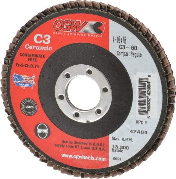 Camel Grinding Wheels - 60 Grit, 4-1/2" Disc Diam, 7/8" Center Hole, Ceramic Flap Disc - 13,300 Max RPM, Polyester Backing, Arbor Attaching System, Coated - Americas Industrial Supply