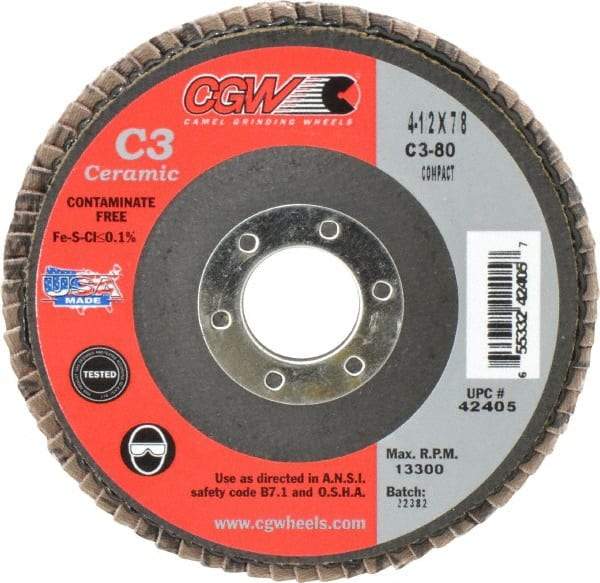 Camel Grinding Wheels - 80 Grit, 4-1/2" Disc Diam, 7/8" Center Hole, Ceramic Flap Disc - 13,300 Max RPM, Polyester Backing, Arbor Attaching System, Coated - Americas Industrial Supply
