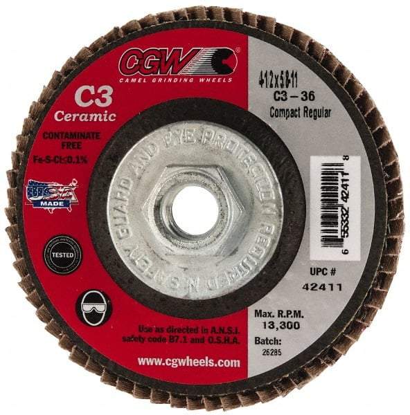 Camel Grinding Wheels - 36 Grit, 4-1/2" Disc Diam, 5/8-11 Center Hole, Ceramic Flap Disc - 13,300 Max RPM, Polyester Backing, Arbor Attaching System, Coated - Americas Industrial Supply