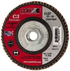 Camel Grinding Wheels - 36 Grit, 4-1/2" Disc Diam, 5/8-11 Center Hole, Ceramic Flap Disc - 13,300 Max RPM, Polyester Backing, Arbor Attaching System, Coated - Americas Industrial Supply