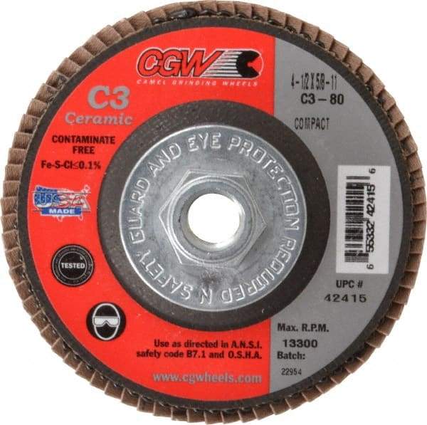 Camel Grinding Wheels - 80 Grit, 4-1/2" Disc Diam, 5/8-11 Center Hole, Ceramic Flap Disc - 13,300 Max RPM, Polyester Backing, Arbor Attaching System, Coated - Americas Industrial Supply