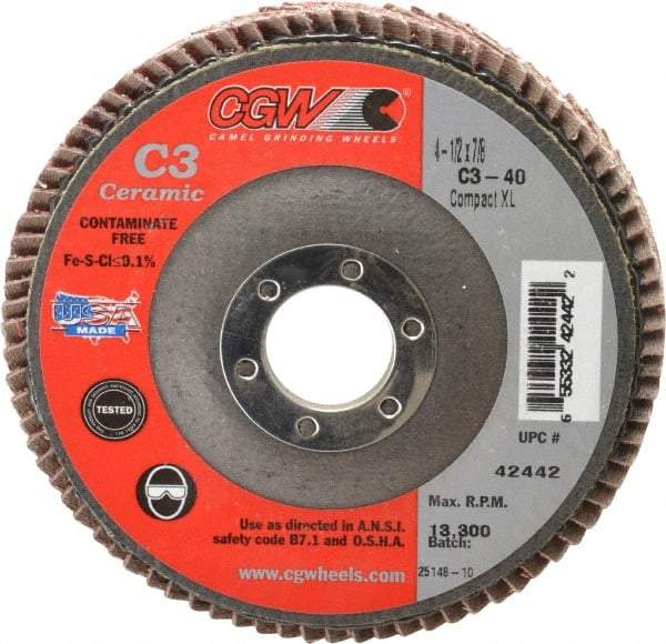 Camel Grinding Wheels - 40 Grit, 4-1/2" Disc Diam, 7/8" Center Hole, Ceramic Flap Disc - 13,300 Max RPM, Polyester Backing, Arbor Attaching System, Coated - Americas Industrial Supply