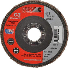 Camel Grinding Wheels - 60 Grit, 4-1/2" Disc Diam, 7/8" Center Hole, Ceramic Flap Disc - 13,300 Max RPM, Polyester Backing, Arbor Attaching System, Coated - Americas Industrial Supply