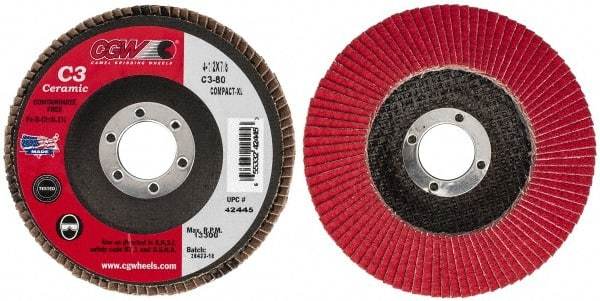 Camel Grinding Wheels - 80 Grit, 4-1/2" Disc Diam, 7/8" Center Hole, Ceramic Flap Disc - 13,300 Max RPM, Polyester Backing, Arbor Attaching System, Coated - Americas Industrial Supply