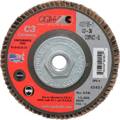 Camel Grinding Wheels - 36 Grit, 4-1/2" Disc Diam, 5/8-11 Center Hole, Ceramic Flap Disc - 13,300 Max RPM, Polyester Backing, Arbor Attaching System, Coated - Americas Industrial Supply