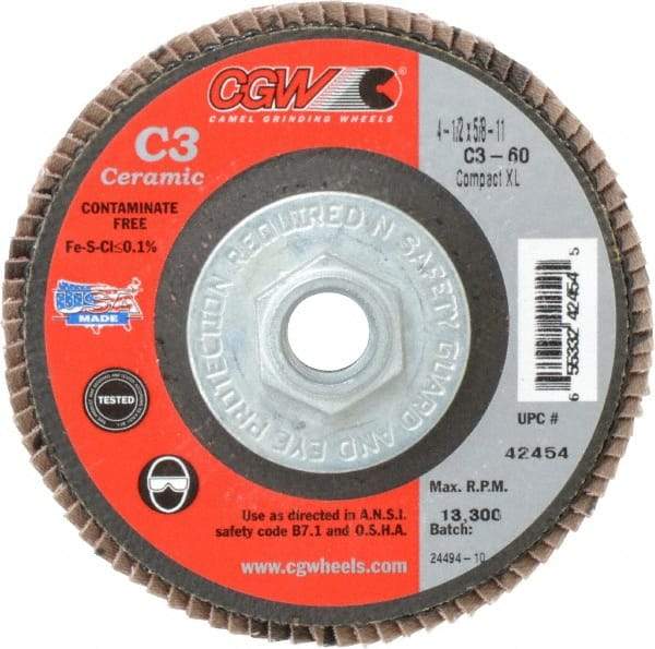 Camel Grinding Wheels - 60 Grit, 4-1/2" Disc Diam, 5/8-11 Center Hole, Ceramic Flap Disc - 13,300 Max RPM, Polyester Backing, Arbor Attaching System, Coated - Americas Industrial Supply