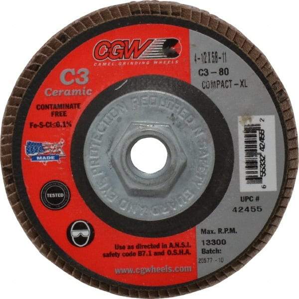 Camel Grinding Wheels - 80 Grit, 4-1/2" Disc Diam, 5/8-11 Center Hole, Ceramic Flap Disc - 13,300 Max RPM, Polyester Backing, Arbor Attaching System, Coated - Americas Industrial Supply