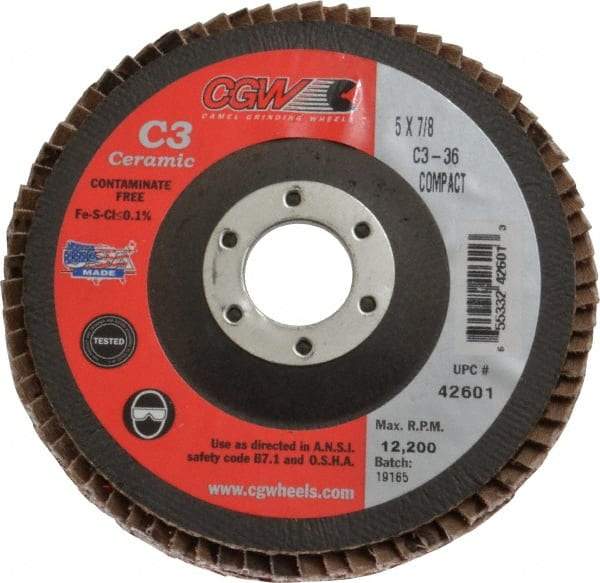 Camel Grinding Wheels - 36 Grit, 5" Disc Diam, 7/8" Center Hole, Ceramic Flap Disc - 12,200 Max RPM, Polyester Backing, Arbor Attaching System, Coated - Americas Industrial Supply