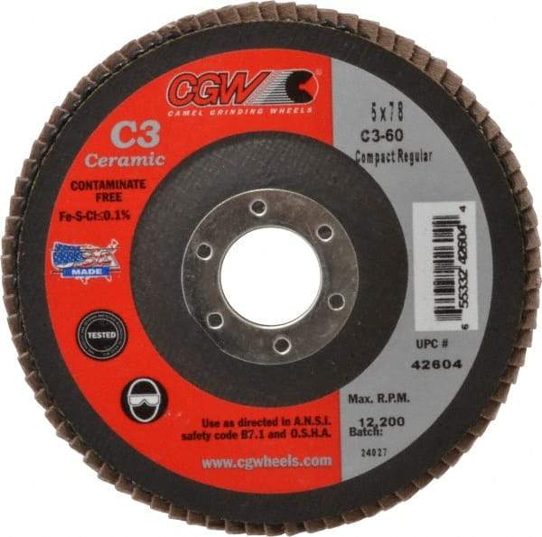 Camel Grinding Wheels - 60 Grit, 5" Disc Diam, 7/8" Center Hole, Ceramic Flap Disc - 12,200 Max RPM, Polyester Backing, Arbor Attaching System, Coated - Americas Industrial Supply