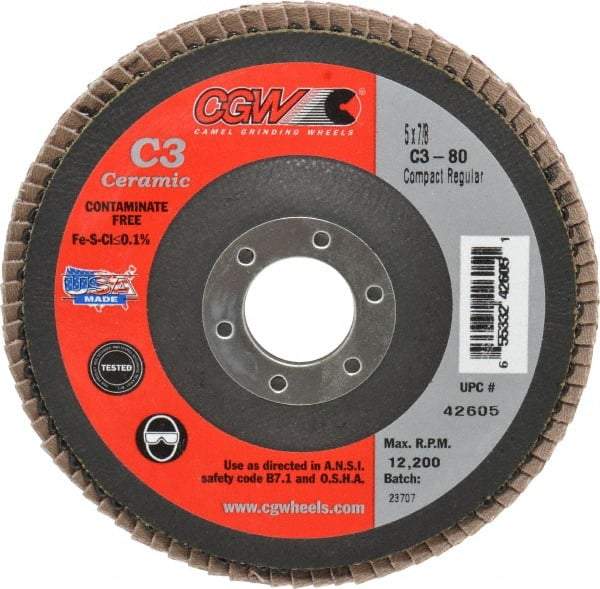 Camel Grinding Wheels - 80 Grit, 5" Disc Diam, 7/8" Center Hole, Ceramic Flap Disc - 12,200 Max RPM, Polyester Backing, Arbor Attaching System, Coated - Americas Industrial Supply