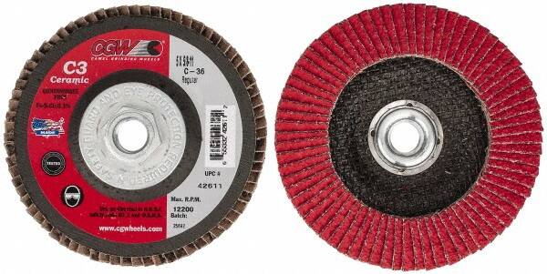 Camel Grinding Wheels - 36 Grit, 5" Disc Diam, 5/8-11 Center Hole, Ceramic Flap Disc - 12,200 Max RPM, Polyester Backing, Arbor Attaching System, Coated - Americas Industrial Supply