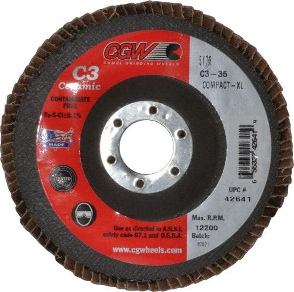 Camel Grinding Wheels - 36 Grit, 5" Disc Diam, 7/8" Center Hole, Ceramic Flap Disc - 12,200 Max RPM, Polyester Backing, Arbor Attaching System, Coated - Americas Industrial Supply
