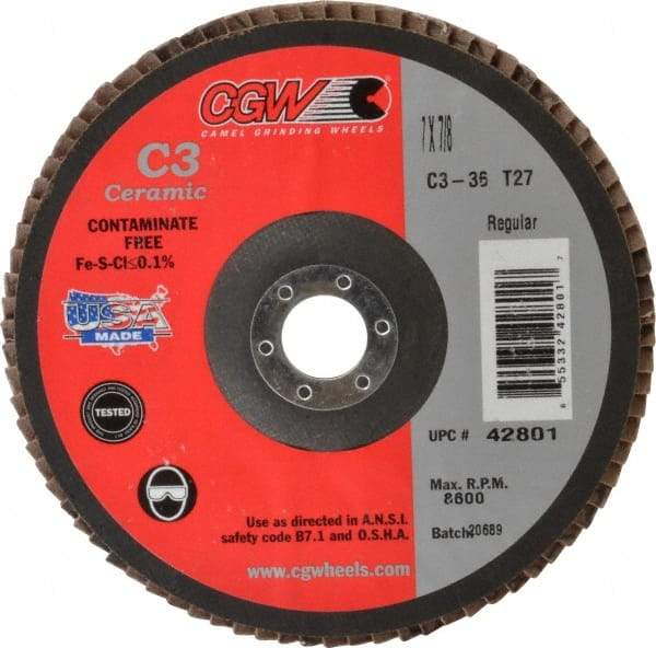 Camel Grinding Wheels - 36 Grit, 7" Disc Diam, 7/8" Center Hole, Type 27 Ceramic Flap Disc - 8,600 Max RPM, Polyester Backing, Arbor Attaching System, Coated - Americas Industrial Supply