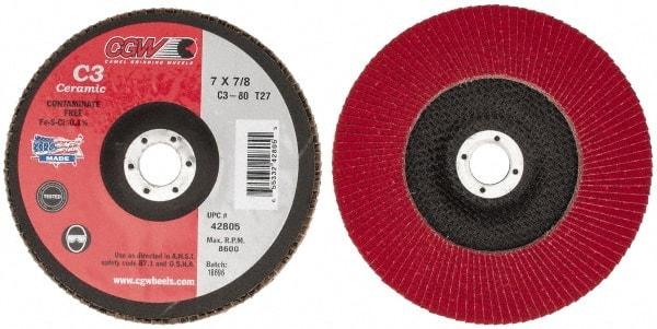 Camel Grinding Wheels - 80 Grit, 7" Disc Diam, 7/8" Center Hole, Type 27 Ceramic Flap Disc - 8,600 Max RPM, Polyester Backing, Arbor Attaching System, Coated - Americas Industrial Supply