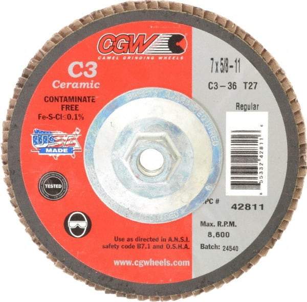 Camel Grinding Wheels - 36 Grit, 7" Disc Diam, 5/8-11 Center Hole, Type 27 Ceramic Flap Disc - 8,600 Max RPM, Polyester Backing, Arbor Attaching System, Coated - Americas Industrial Supply
