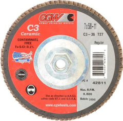 Camel Grinding Wheels - 36 Grit, 7" Disc Diam, 5/8-11 Center Hole, Type 27 Ceramic Flap Disc - 8,600 Max RPM, Polyester Backing, Arbor Attaching System, Coated - Americas Industrial Supply