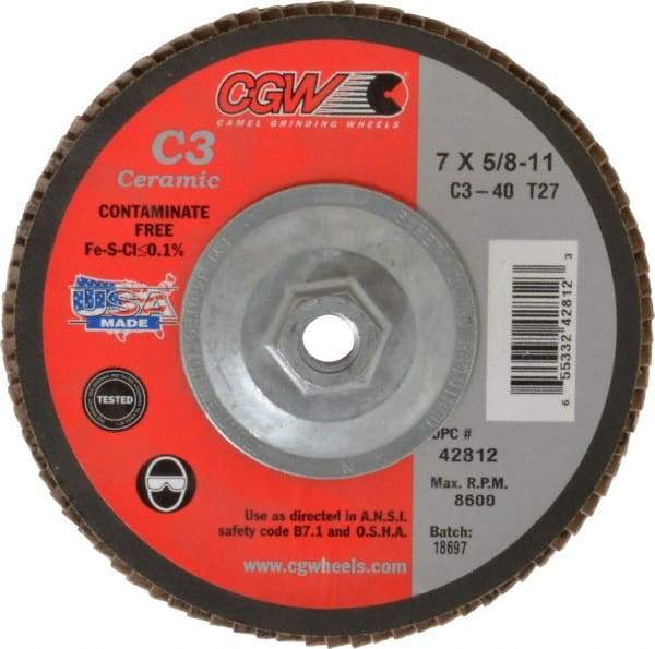 Camel Grinding Wheels - 40 Grit, 7" Disc Diam, 5/8-11 Center Hole, Type 27 Ceramic Flap Disc - 8,600 Max RPM, Polyester Backing, Arbor Attaching System, Coated - Americas Industrial Supply