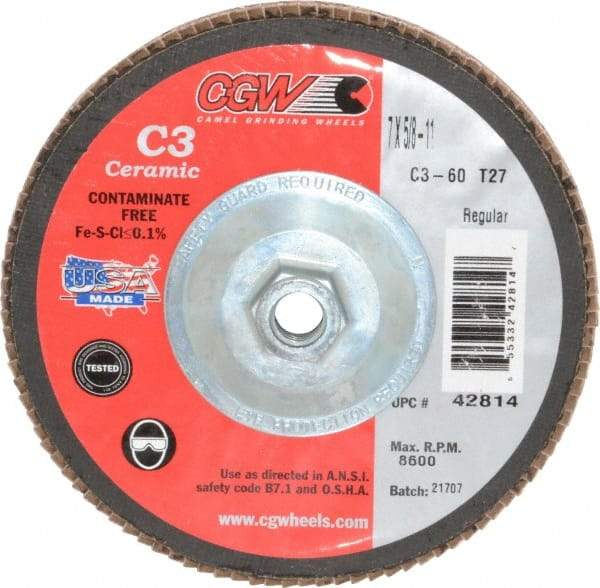 Camel Grinding Wheels - 60 Grit, 7" Disc Diam, 5/8-11 Center Hole, Type 27 Ceramic Flap Disc - 8,600 Max RPM, Polyester Backing, Arbor Attaching System, Coated - Americas Industrial Supply