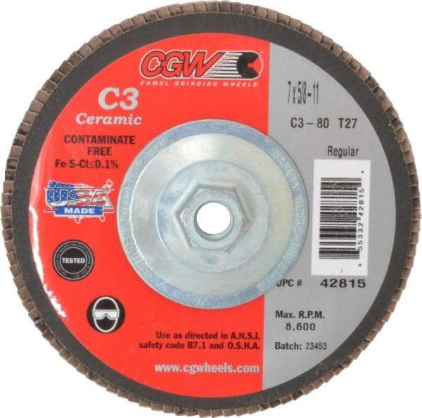 Camel Grinding Wheels - 80 Grit, 7" Disc Diam, 5/8-11 Center Hole, Type 27 Ceramic Flap Disc - 8,600 Max RPM, Polyester Backing, Arbor Attaching System, Coated - Americas Industrial Supply