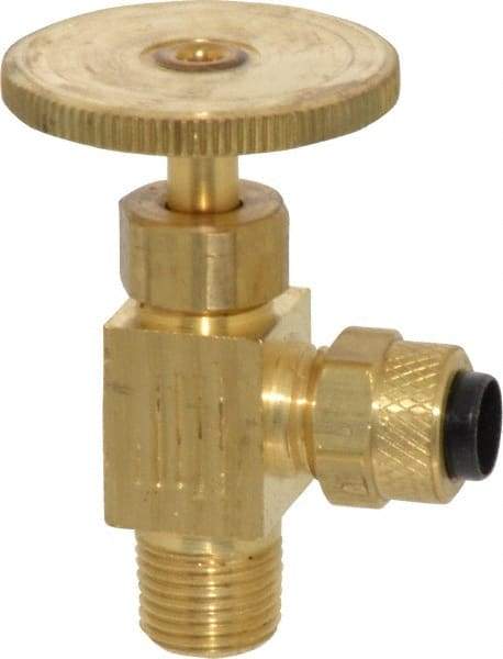 Parker - 1/4 x 1/8" Pipe, Angled Needle Valve - Poly-Tite x MNPTF Ends, Brass Valve, 150 Max psi - Americas Industrial Supply