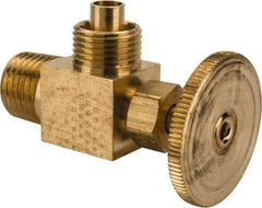 Parker - 3/8 x 1/4" Pipe, Angled Needle Valve - Poly-Tite x MNPTF Ends, Brass Valve, 150 Max psi - Americas Industrial Supply