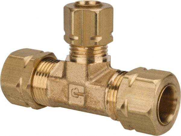 Parker - 3/8 x 3/8 x 1/4" OD, Brass Union Tee - 1,400 Max Working psi, -65 to 250°F, Comp x Comp x Comp Ends - Americas Industrial Supply
