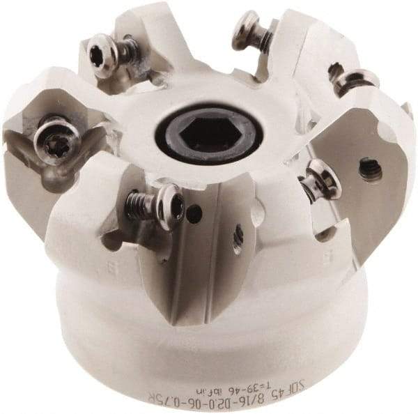 Iscar - 2" Cut Diam, 3/4" Arbor Hole, 0.138" Max Depth of Cut, 45° Indexable Chamfer & Angle Face Mill - 6 Inserts, ONHU 0505\xB6OXMT 0507\xB6S845 SN.U 1305 Insert, Right Hand Cut, 6 Flutes, Series Helido - Americas Industrial Supply
