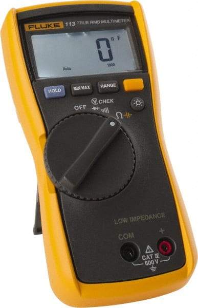 Fluke - 113, CAT IV, 600 VAC/VDC, Digital True RMS Auto Ranging Manual Ranging Multimeter - 60,000 Ohm, Measures Voltage, Resistance - Americas Industrial Supply