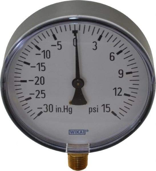 Wika - 4" Dial, 1/4 Thread, 30-0-15 Scale Range, Pressure Gauge - Lower Connection Mount, Accurate to 3-2-3% of Scale - Americas Industrial Supply