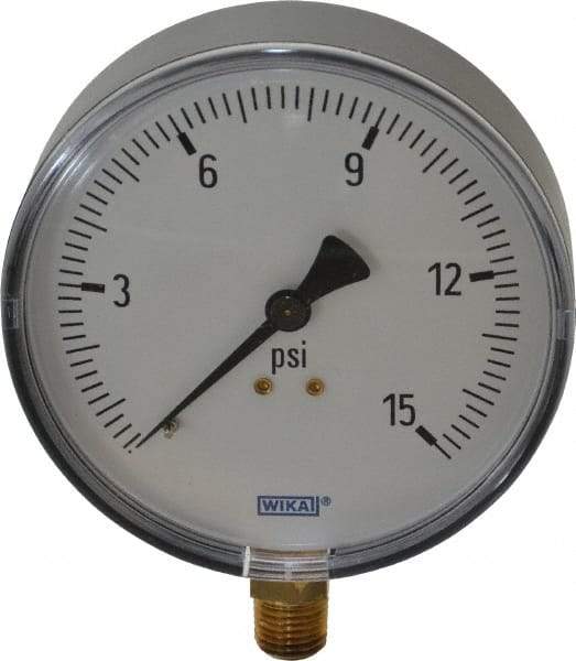 Wika - 4" Dial, 1/4 Thread, 0-15 Scale Range, Pressure Gauge - Lower Connection Mount, Accurate to 3-2-3% of Scale - Americas Industrial Supply