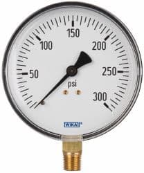 Wika - 4" Dial, 1/4 Thread, 0-300 Scale Range, Pressure Gauge - Lower Connection Mount, Accurate to 3-2-3% of Scale - Americas Industrial Supply