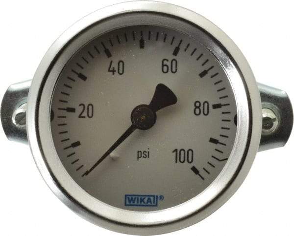 Wika - 2" Dial, 1/4 Thread, 0-100 Scale Range, Pressure Gauge - U-Clamp Panel Mount, Center Back Connection Mount, Accurate to 3-2-3% of Scale - Americas Industrial Supply