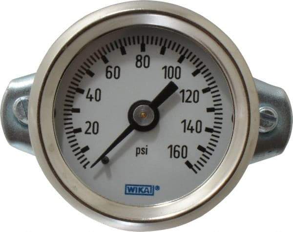 Wika - 1-1/2" Dial, 1/8 Thread, 0-160 Scale Range, Pressure Gauge - U-Clamp Panel Mount, Center Back Connection Mount, Accurate to 3-2-3% of Scale - Americas Industrial Supply