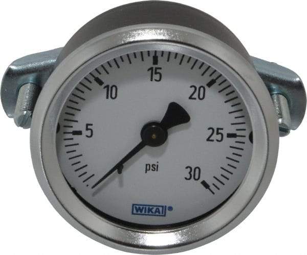 Wika - 2" Dial, 1/4 Thread, 0-30 Scale Range, Pressure Gauge - U-Clamp Panel Mount, Center Back Connection Mount, Accurate to 3-2-3% of Scale - Americas Industrial Supply