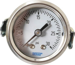 Wika - 1-1/2" Dial, 1/8 Thread, 0-30 Scale Range, Pressure Gauge - U-Clamp Panel Mount, Center Back Connection Mount, Accurate to 3-2-3% of Scale - Americas Industrial Supply