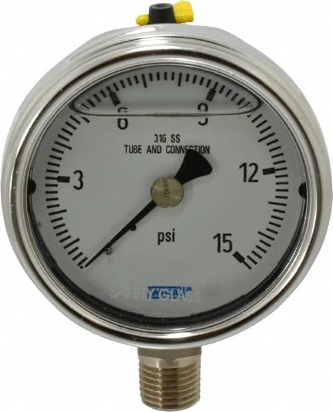 Wika - 2-1/2" Dial, 1/4 Thread, 0-15 Scale Range, Pressure Gauge - Lower Connection Mount, Accurate to 2-1-2% of Scale - Americas Industrial Supply