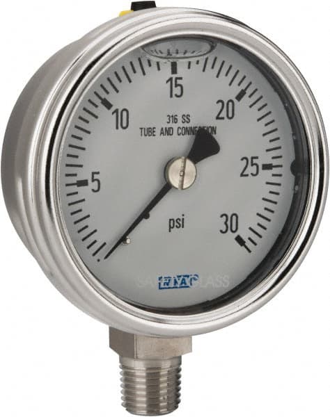 Wika - 2-1/2" Dial, 1/4 Thread, 0-30 Scale Range, Pressure Gauge - Lower Connection Mount, Accurate to 2-1-2% of Scale - Americas Industrial Supply