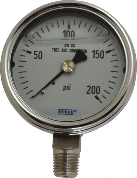 Wika - 2-1/2" Dial, 1/4 Thread, 0-200 Scale Range, Pressure Gauge - Lower Connection Mount, Accurate to 2-1-2% of Scale - Americas Industrial Supply