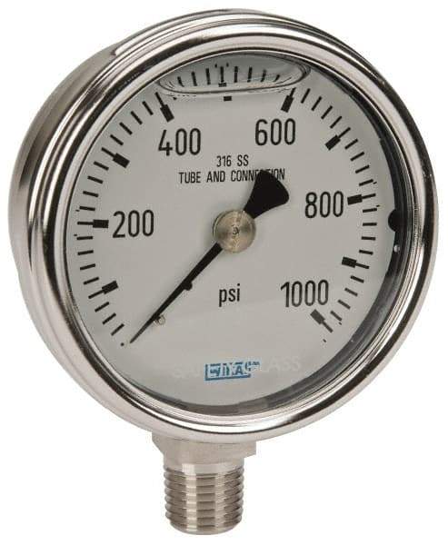 Wika - 2-1/2" Dial, 1/4 Thread, 0-1,000 Scale Range, Pressure Gauge - Lower Connection Mount, Accurate to 2-1-2% of Scale - Americas Industrial Supply